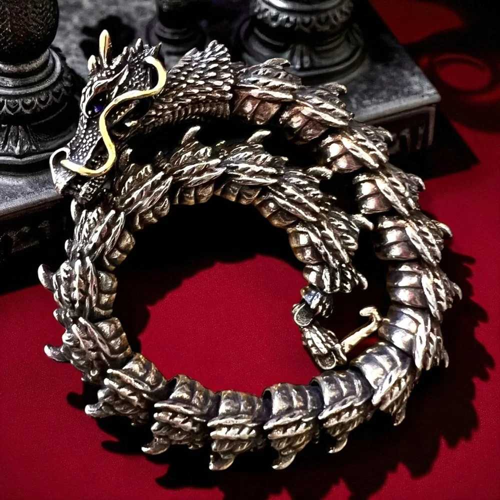 Bold Silver and Brass Toned Ouroboros Blue Eyed Dragon Bracelet 8.5”